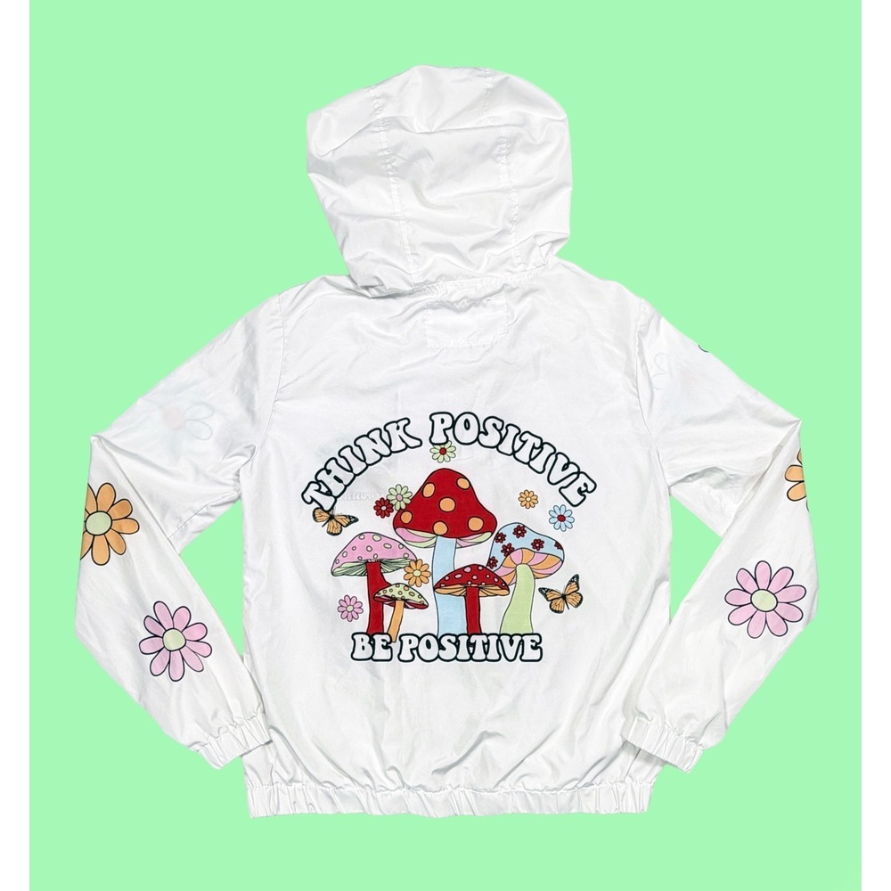 Mushroom Floral Windbreaker Jacket Women's Small White Whimsy Boho Beachy Vibes